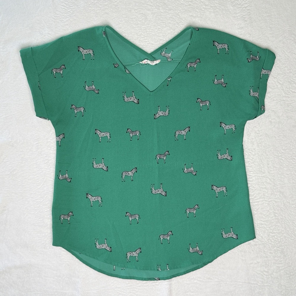 Pink Rose Green Zebra Print Blouse Medium V Neck Dolman Sleeve Safari Quirky Top